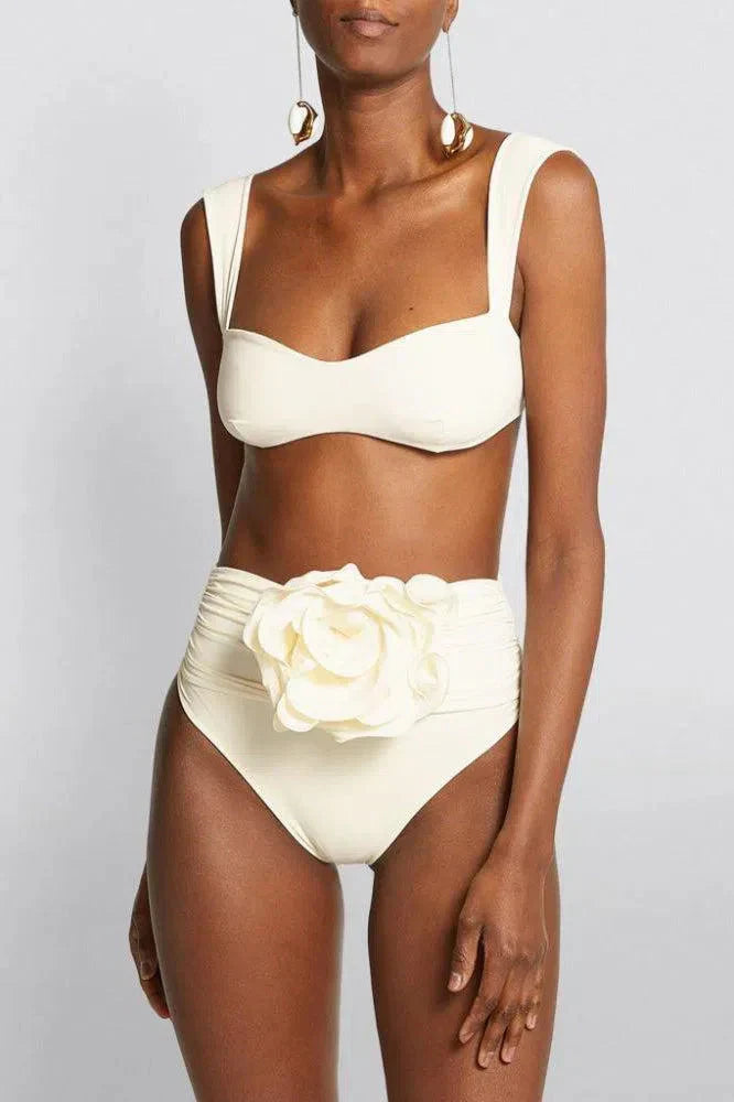 Bikini Set with Floral Embellishment, High Waisted Swimsuit, Ruched High Waist Bikini Bottom for Women