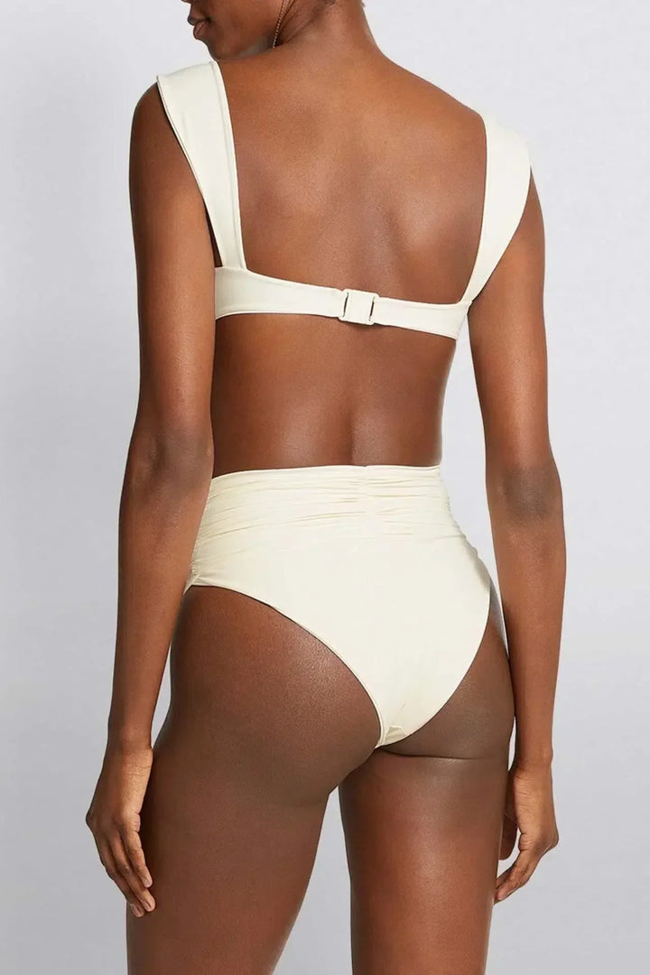 Bikini Set with Floral Embellishment, High Waisted Swimsuit, Ruched High Waist Bikini Bottom for Women