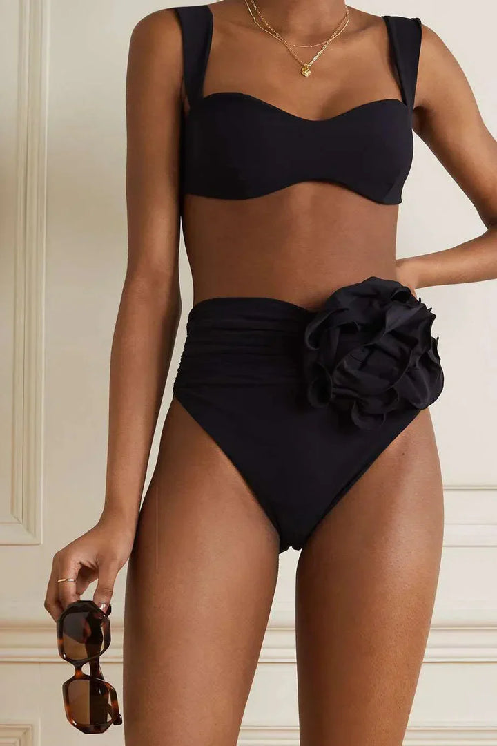 Bikini Set with Floral Embellishment, High Waisted Swimsuit, Ruched High Waist Bikini Bottom for Women
