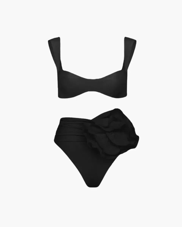 Bikini Set with Floral Embellishment, High Waisted Swimsuit, Ruched High Waist Bikini Bottom for Women