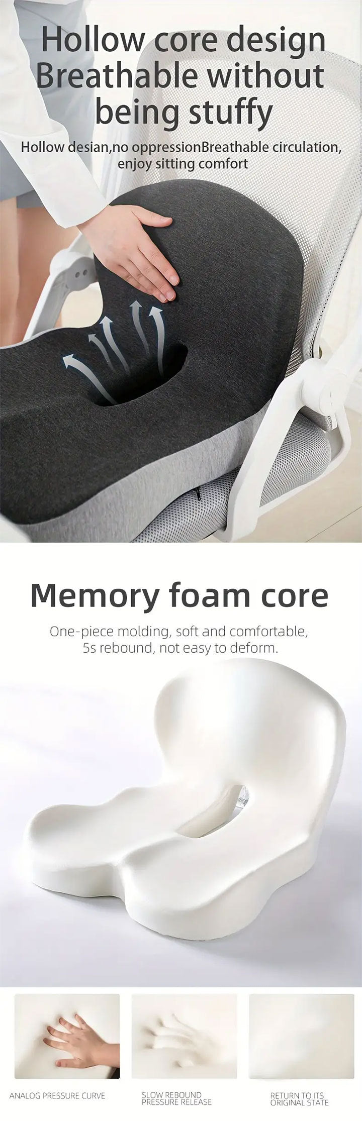 Memory Foam Seat Cushion – Ergonomic Lumbar Support for Office Chair and Car, Stress Relief
