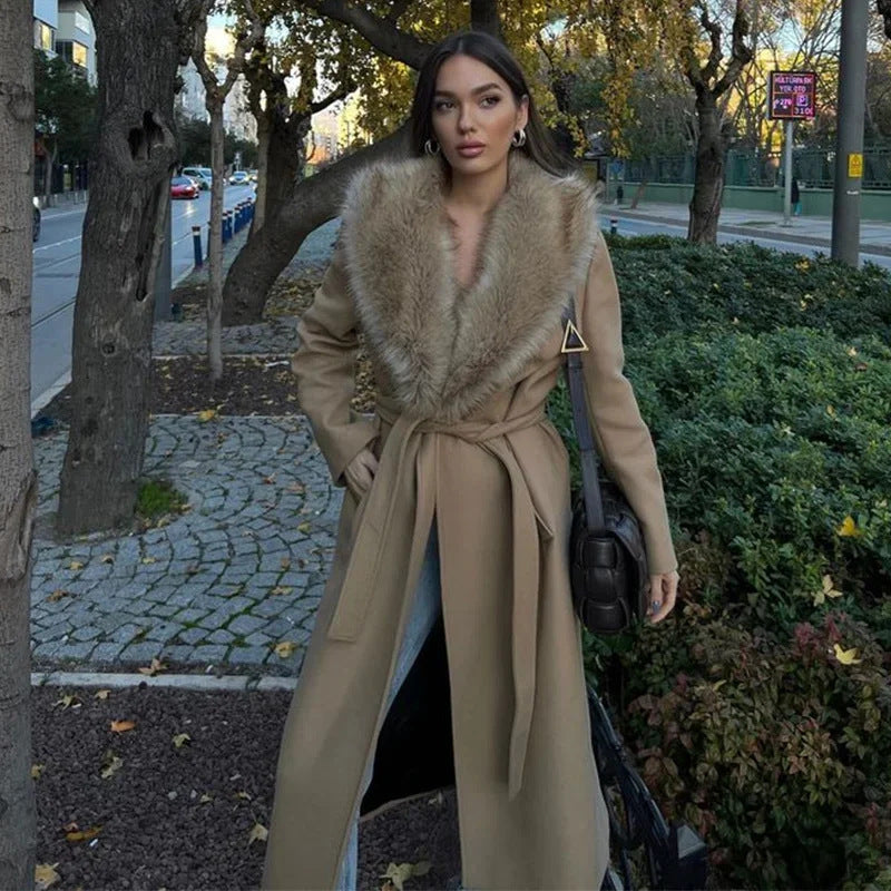 Warm Flattering Women Long Coat- Turn Down Collar, Polyester