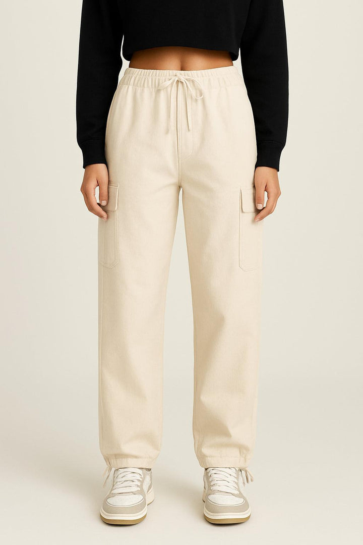Beige Parachute Pants for Men with Adjustable Waist and Multiple Pockets, Lightweight Relaxed Fit