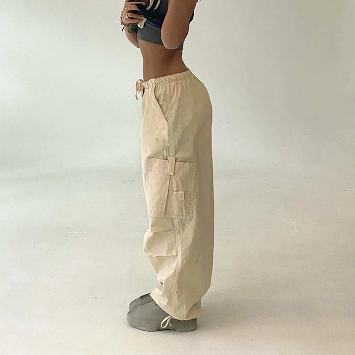 Beige Parachute Pants for Men with Adjustable Waist and Multiple Pockets, Lightweight Relaxed Fit