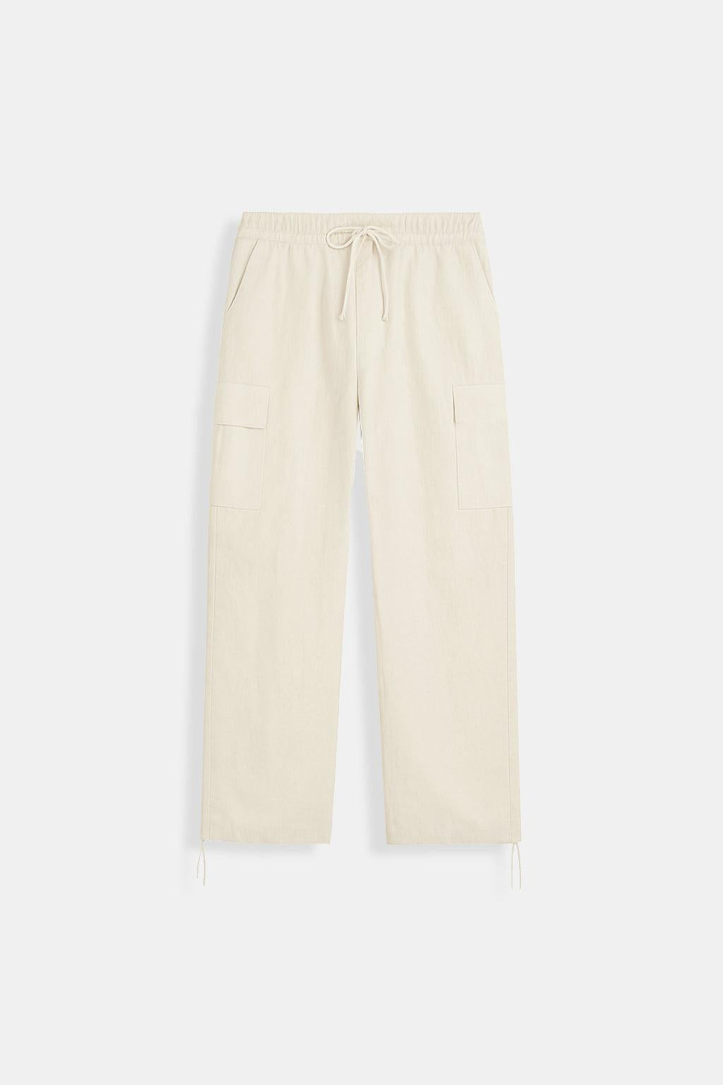 Beige Parachute Pants for Men with Adjustable Waist and Multiple Pockets, Lightweight Relaxed Fit