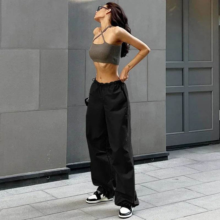 Black Parachute Pants with Adjustable Waist, Multiple Pockets, Lightweight Fabric for Casual and Urban Style