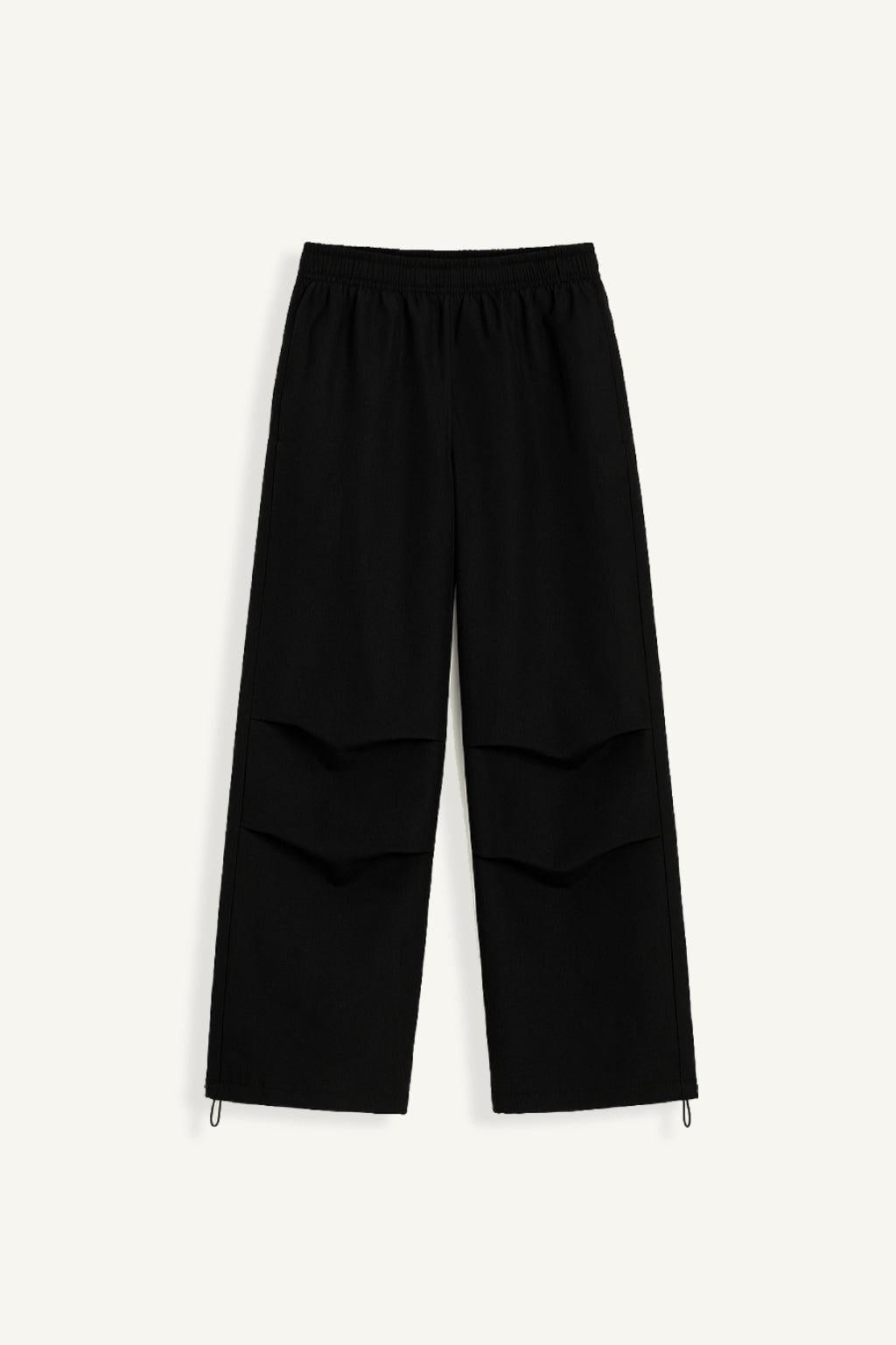 Black Parachute Pants with Adjustable Waist, Multiple Pockets, Lightweight Fabric for Casual and Urban Style