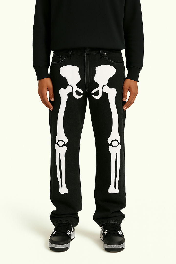 Y2K Skeleton Pants Unisex Cotton-Polyester Blend with Striking Skeleton Designs and Multiple Pockets