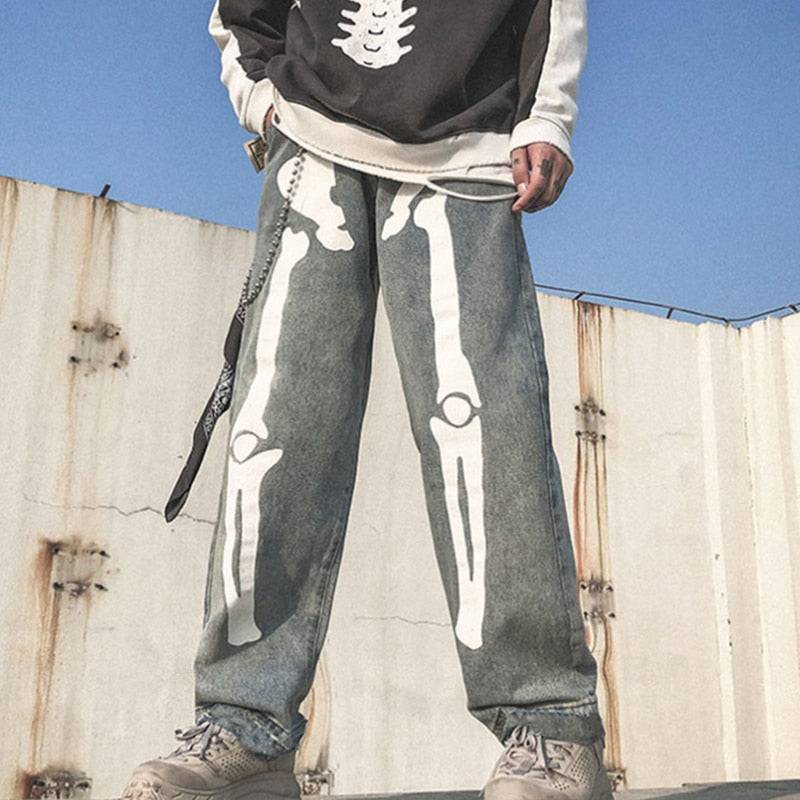 Y2K Skeleton Pants Unisex Cotton-Polyester Blend with Striking Skeleton Designs and Multiple Pockets