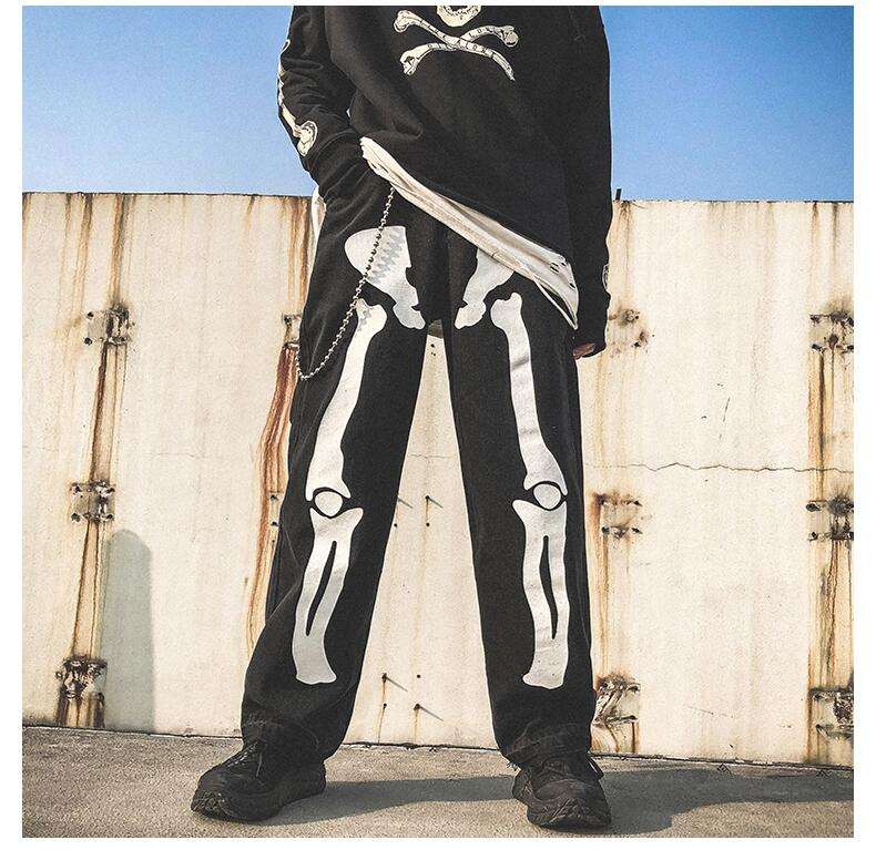 Y2K Skeleton Pants Unisex Cotton-Polyester Blend with Striking Skeleton Designs and Multiple Pockets