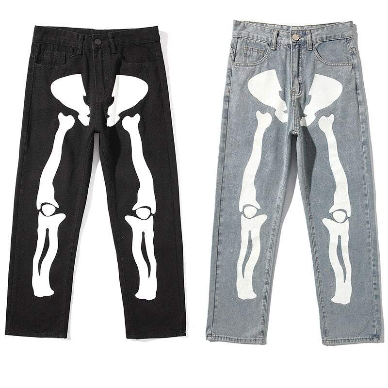 Y2K Skeleton Pants Unisex Cotton-Polyester Blend with Striking Skeleton Designs and Multiple Pockets
