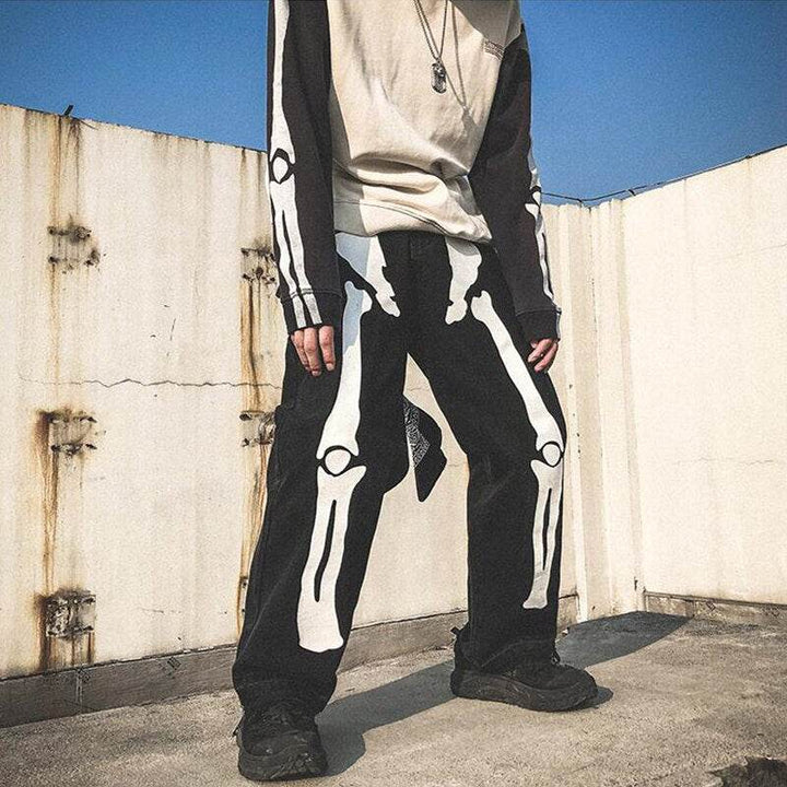 Y2K Skeleton Pants Unisex Cotton-Polyester Blend with Striking Skeleton Designs and Multiple Pockets