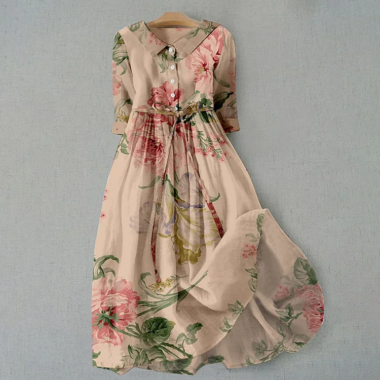 Vintage Floral Maxi Dress for Women, Lightweight Adjustable Drawstring Summer Dress, Full-Length Elegant Fit