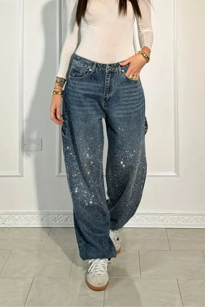 Relaxed Fit Blue Denim Straight Leg Jeans with Rhinestone Embellishments for Casual Glamour
