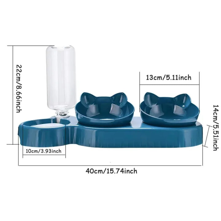 Triple Cat Bowls Pet Feeder with Automatic Drinking Bottle, Tilted Design for Cats and Dogs