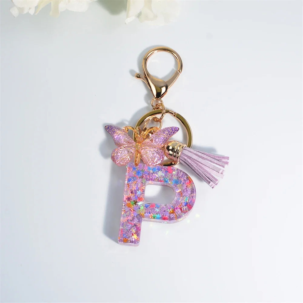 Sequin Letter Keychain With Butterfly Tassel Charm