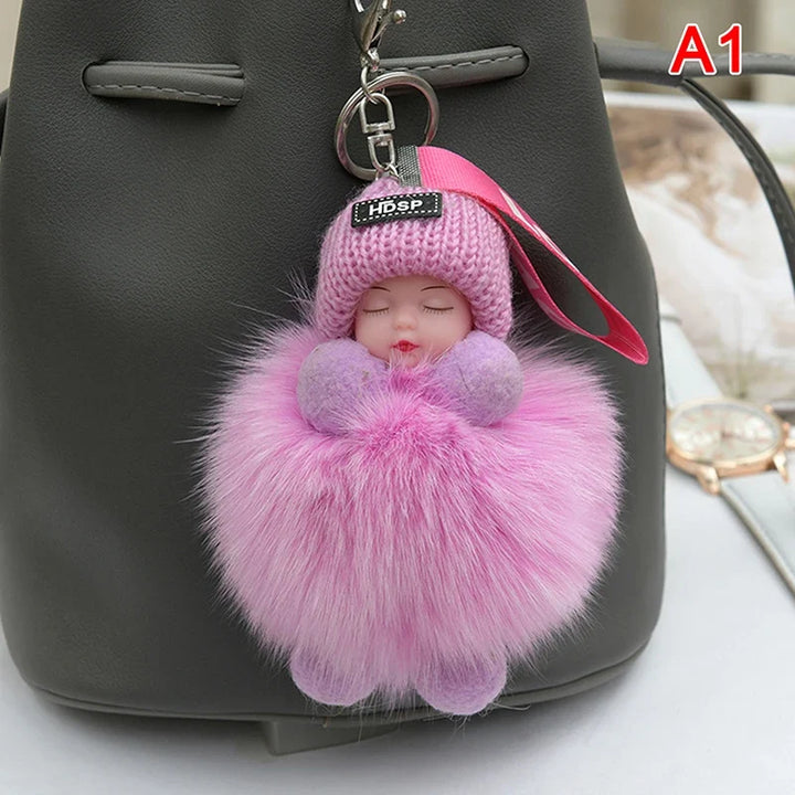 Pompom Sleeping Baby Keychain Plush Bag Charm Cute Gift