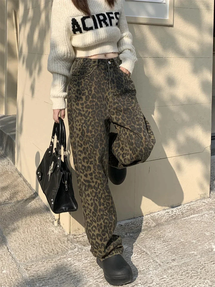 High-Waisted Leopard Print Wide Leg Jeans for Women, Trendy Fit in S-XXL Sizes