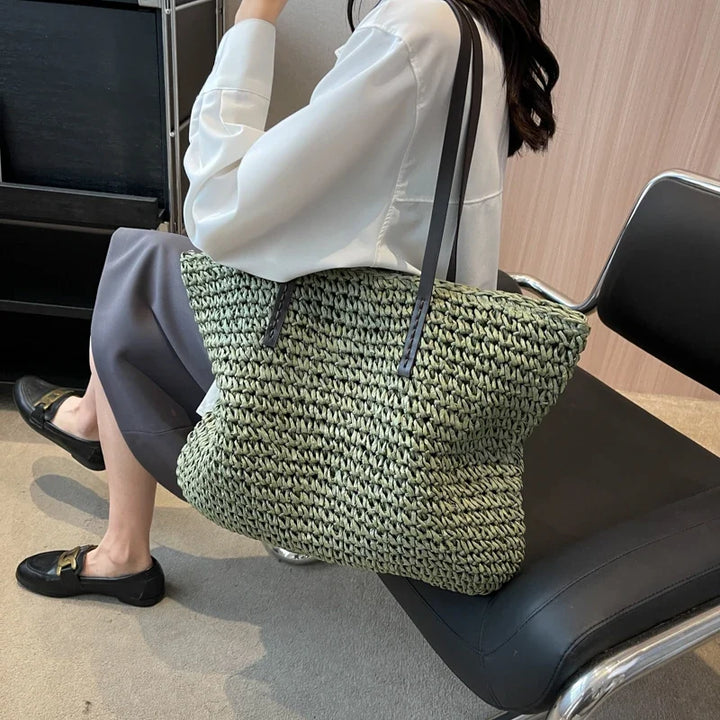 Straw Tote Bag Woven Beach Shoulder Bag Summer 2026 Large Capacity Carryall For Travel And Daily Use