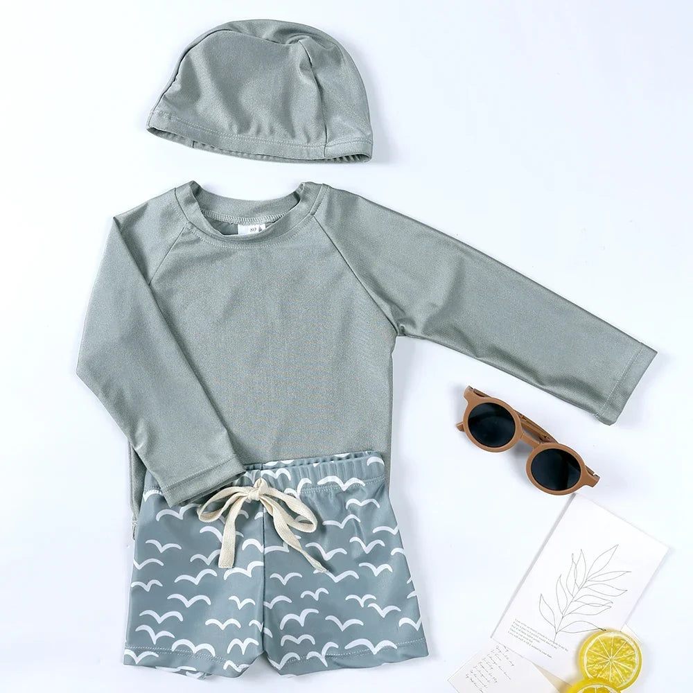 Breathable Kids Rash Guard Swim Set – Long-Sleeve Top, Swim Trousers, Hat, Polyester Elastane, Beach Vacation