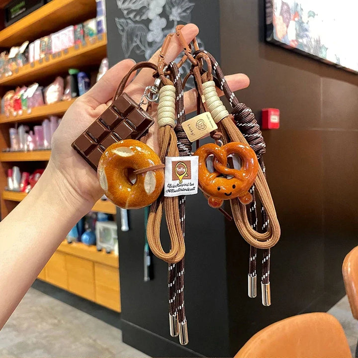 Woven Rope Bowknot Keychain With Cute Pastry Charms