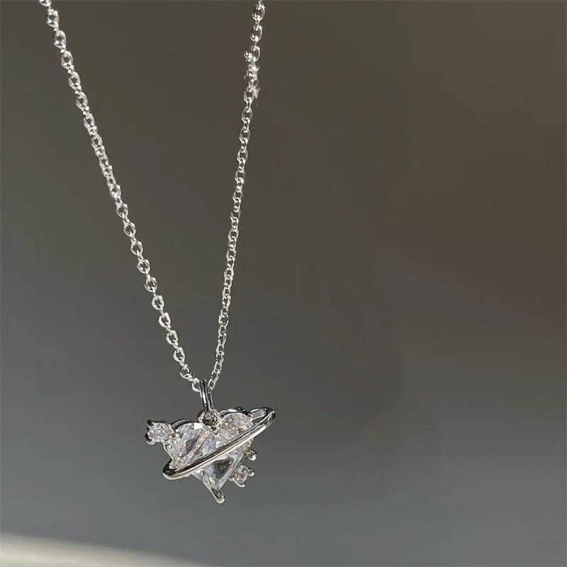 Zircon Pendant Necklace Pink Planet Heart Valentines Day Gift 2026 Aesthetic jewellery