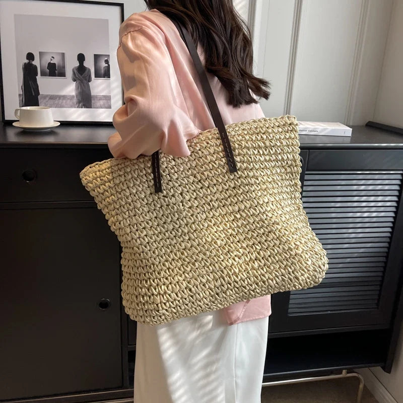 Straw Tote Bag Woven Beach Shoulder Bag Summer 2026 Large Capacity Carryall For Travel And Daily Use