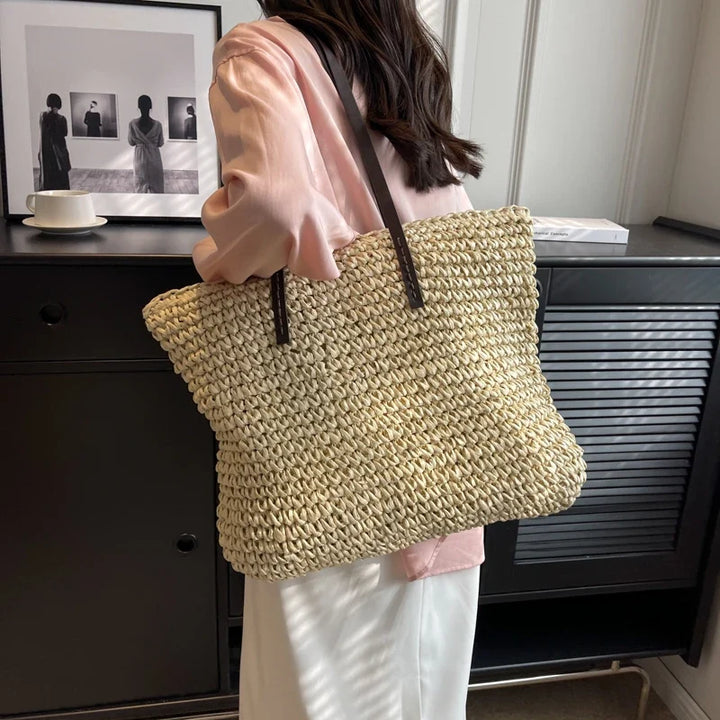 Straw Tote Bag Woven Beach Shoulder Bag Summer 2026 Large Capacity Carryall For Travel And Daily Use