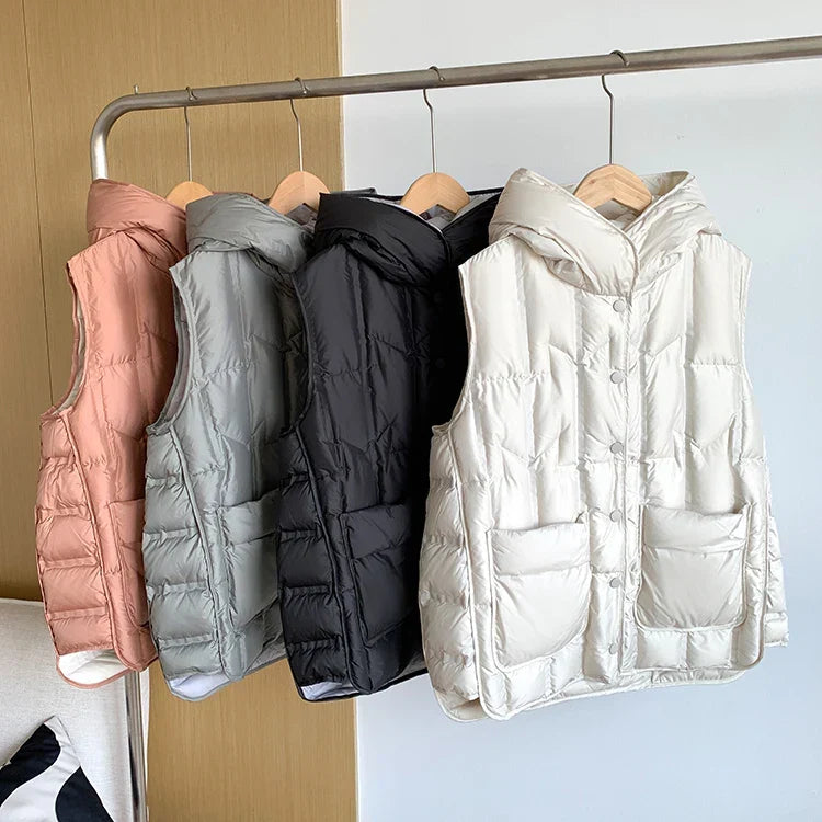 Lightweight Women’s Hooded Down Vest - Quilted Midlength