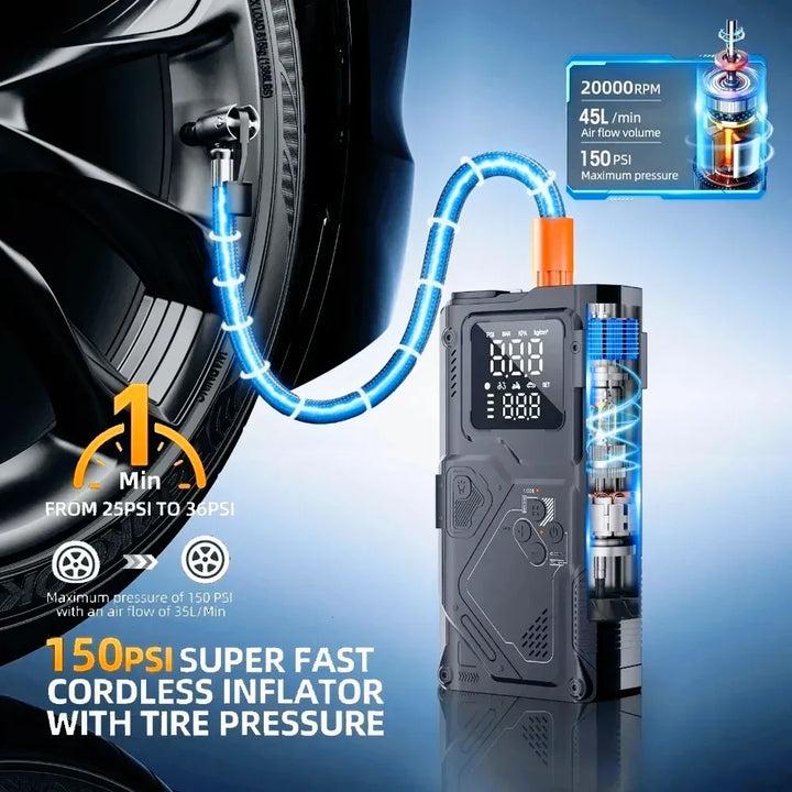 Jump Starter With Air Pump 6 In 1 Car Battery Booster 5000A Peak 150 PSI Tire Inflator 400LM LED Light Fall 2025 Prep