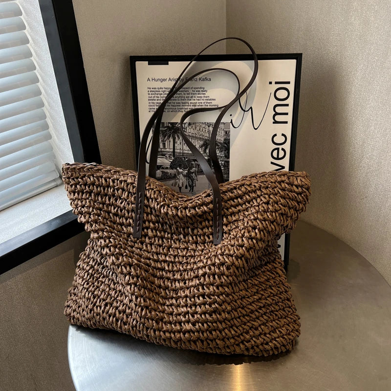 Straw Tote Bag Woven Beach Shoulder Bag Summer 2026 Large Capacity Carryall For Travel And Daily Use