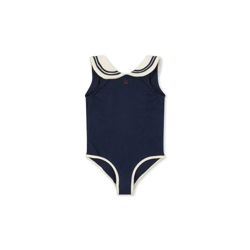 Soft Unisex Baby Swimwear Set - Classic Sailor-Style One-Piece, Top, Skirt, and Romper, Nylon, Summer Beach Days