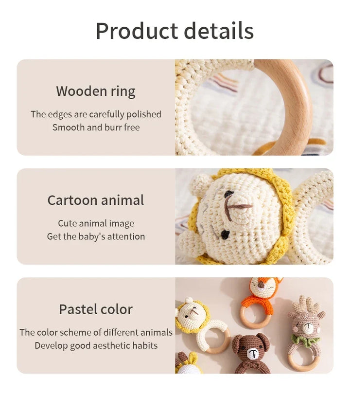 Wooden Crochet Animal Teether Rattle Newborn Sensory Toys