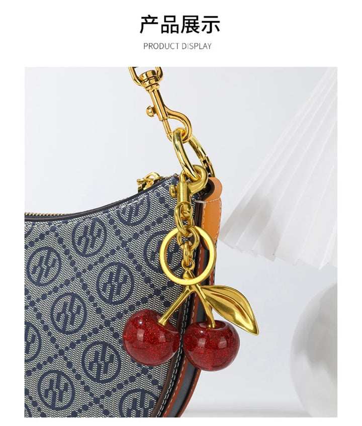 Red Cherry Keychain Bag Charm With Gold Leaf Lobster Clasp