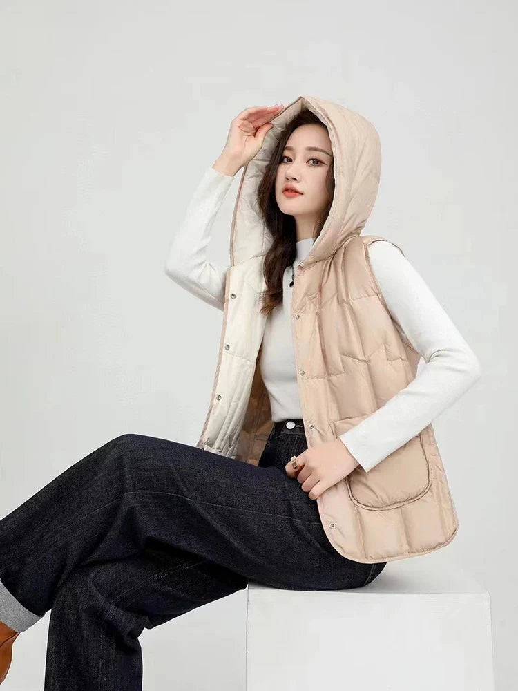Lightweight Women’s Hooded Down Vest - Quilted Midlength