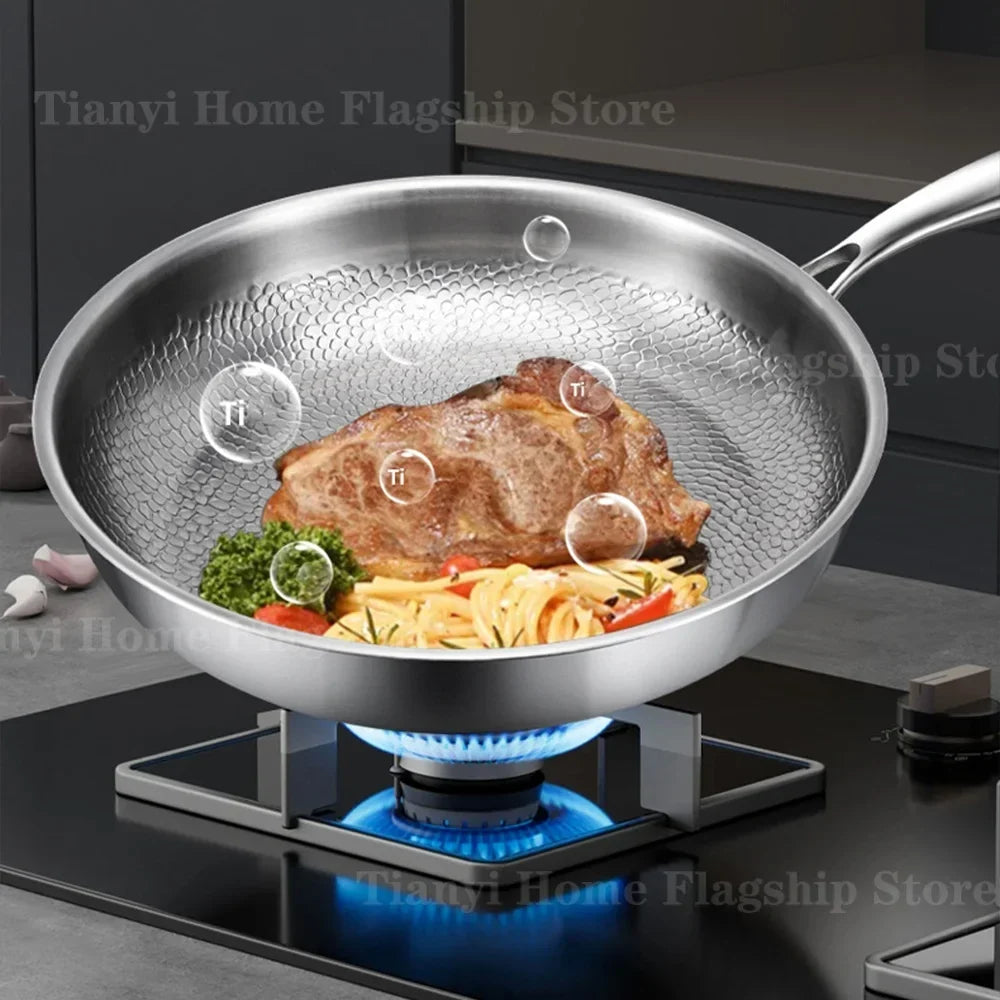 Titanium-Coated Stainless Steel Non-Stick Wok Pan – Gas and Induction Compatible Kitchen Cookware