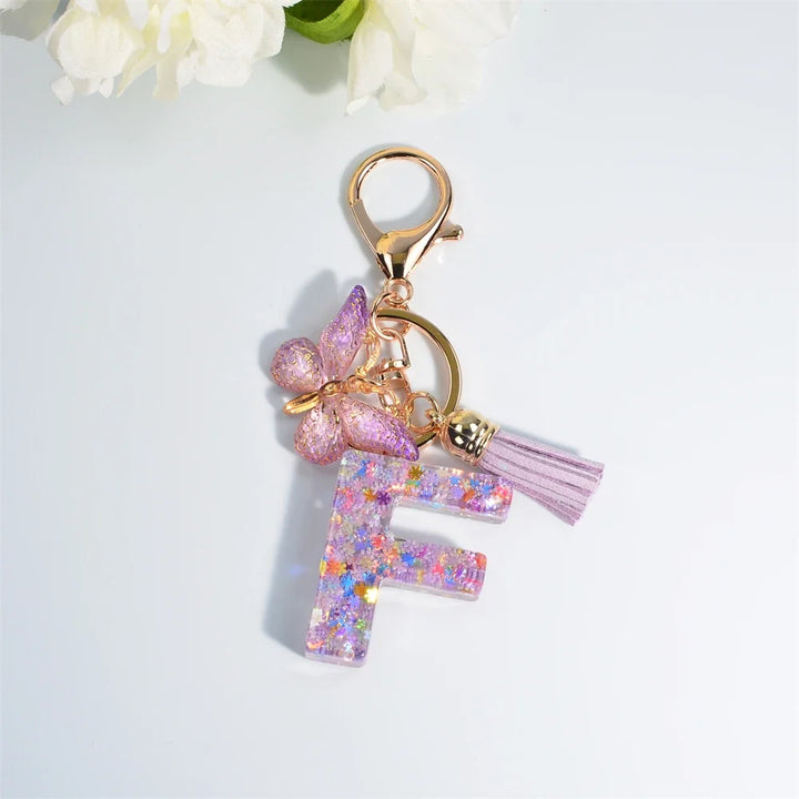 Sequin Letter Keychain With Butterfly Tassel Charm
