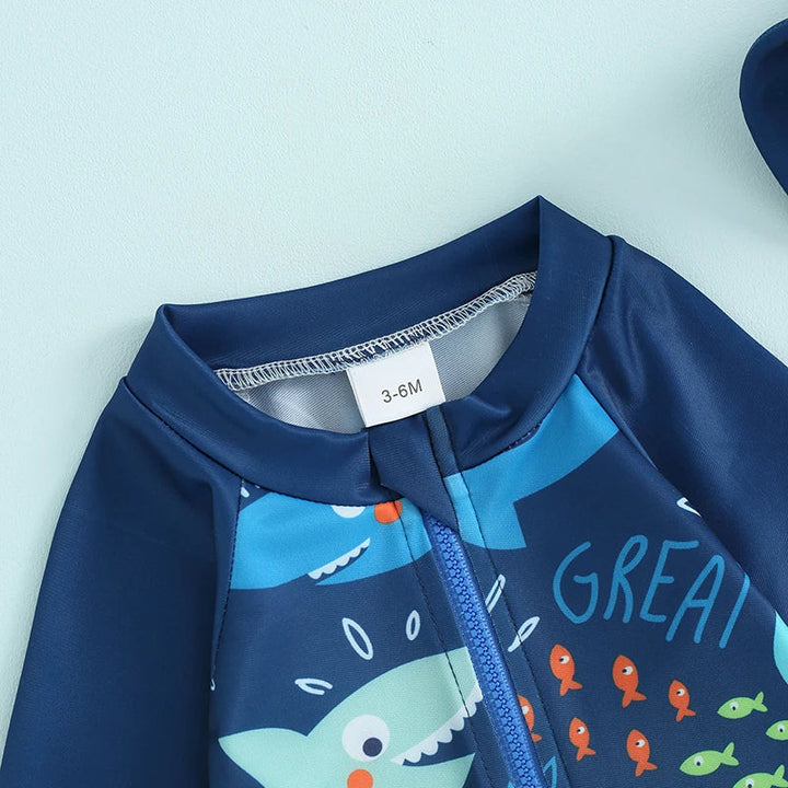 Quick-dry baby boys rash guard swimsuit set - long sleeve zip-up, fish print, polyester, summer beachwear