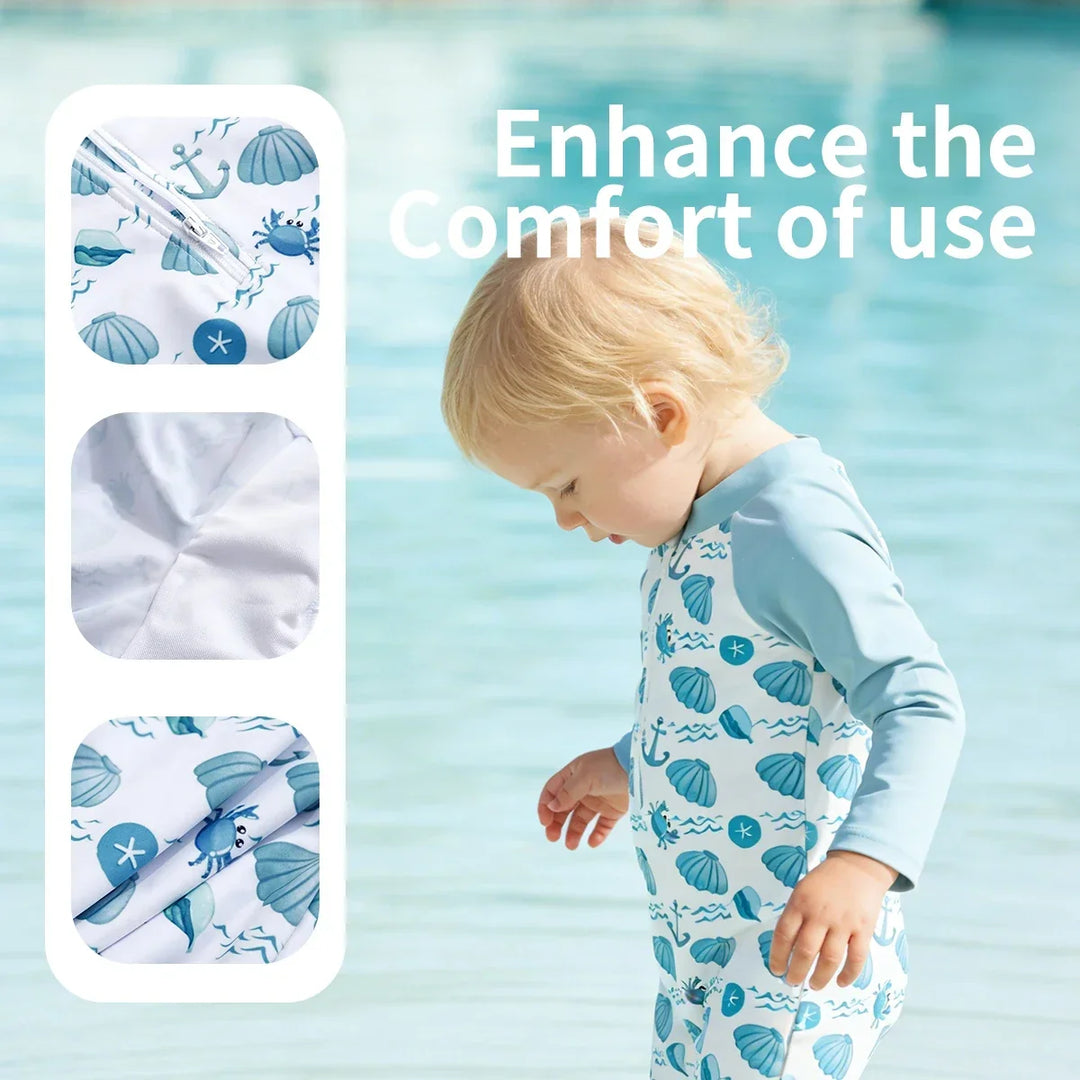 Soft Unisex Baby One-Piece Swimsuit - Zip-Front, Long-Sleeve, Print Pattern, Polyester, Summer Beachwear