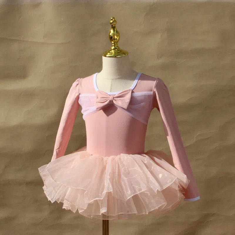 Lightweight girls ballet leotard set - puff-sleeve top, tulle tutu skirt, polyester, for dance class
