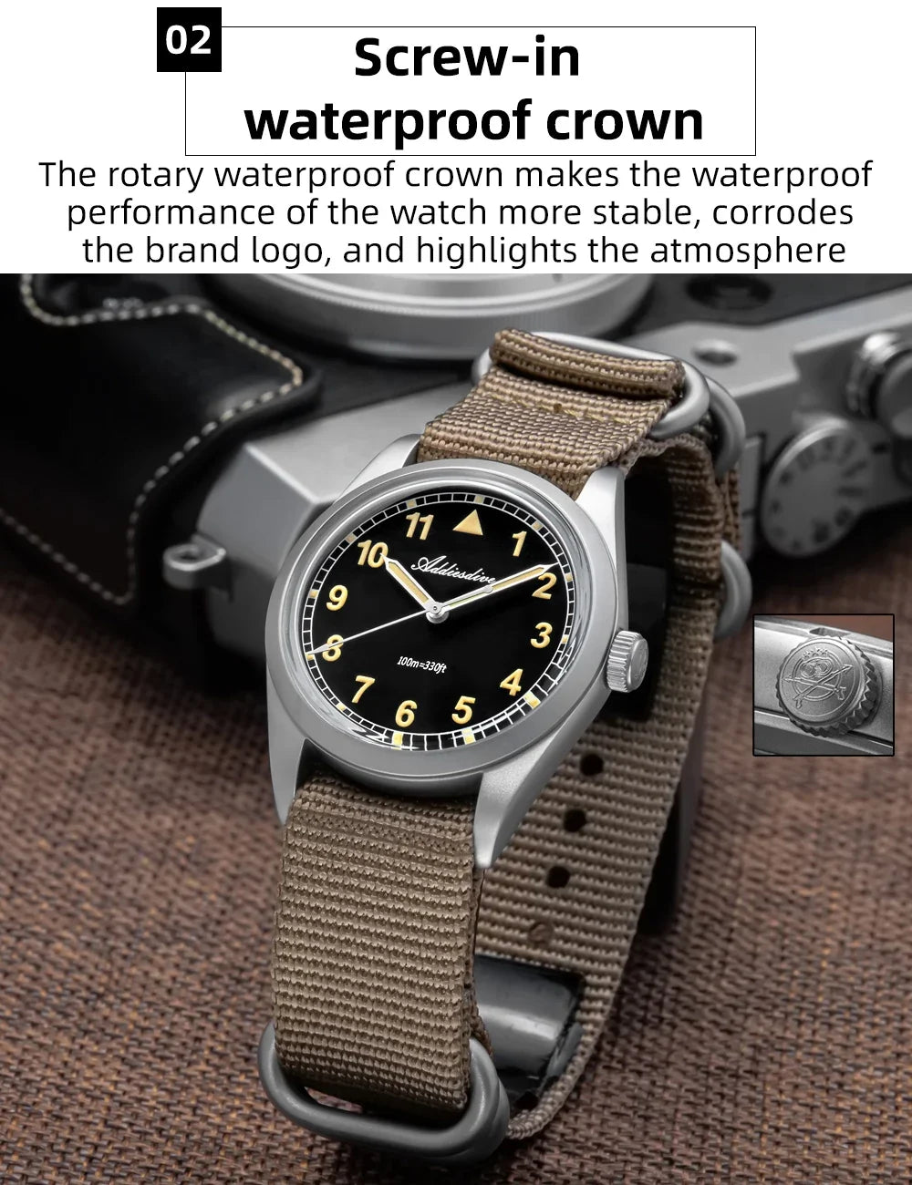 Waterproof Diver Quartz Watch Luminous Hands, Nylon Strap, 100m Water Resistance