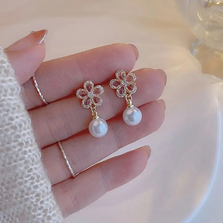 Crystal Flower Earrings Pearl Drop Gold Tone – Korean Style Party Jewelry, Fall 2026 Gift Idea