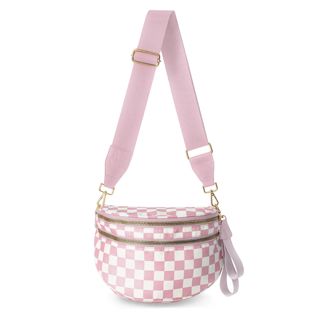 Versatile unisex crossbody bum bag – checkered nylon, box shape, travel and daily use