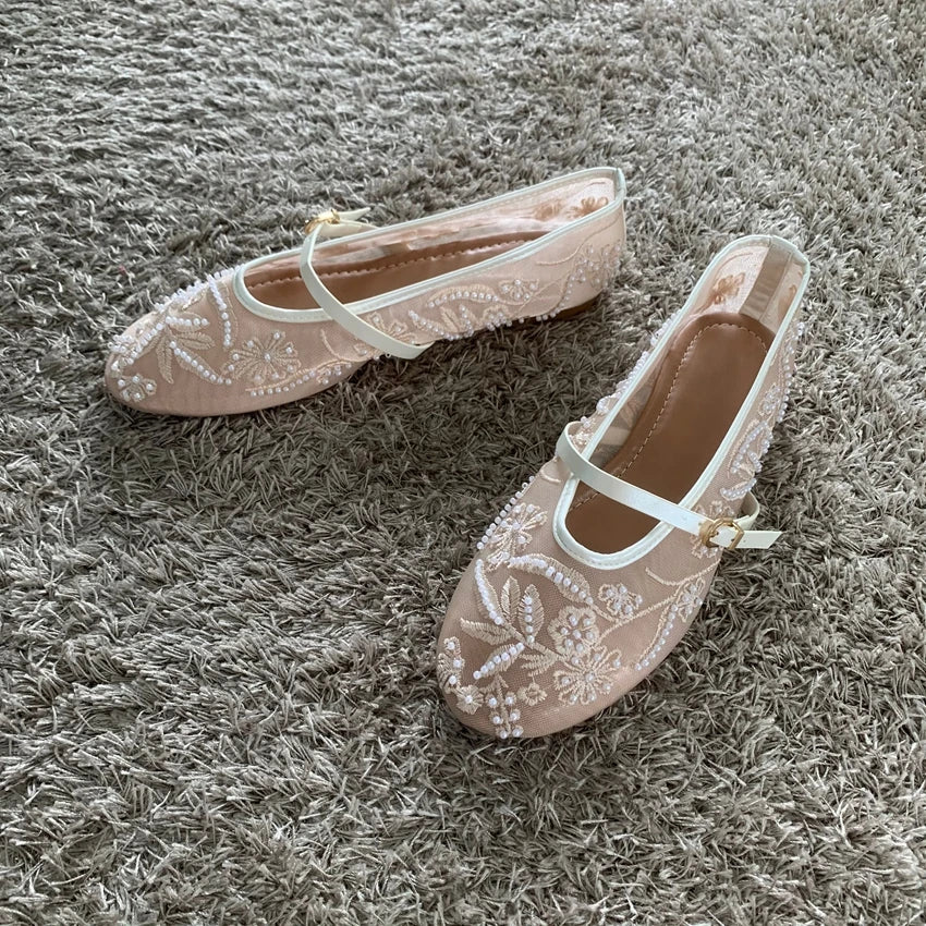 Breathable Women Ballet Flats - Mary Jane Mesh, Embroidered