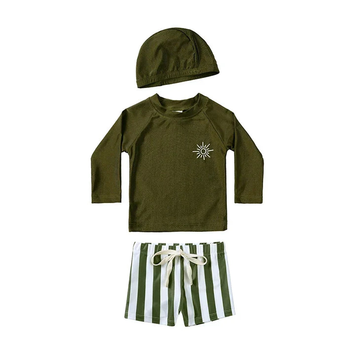 Breathable Kids Rash Guard Swim Set – Long-Sleeve Top, Swim Trousers, Hat, Polyester Elastane, Beach Vacation