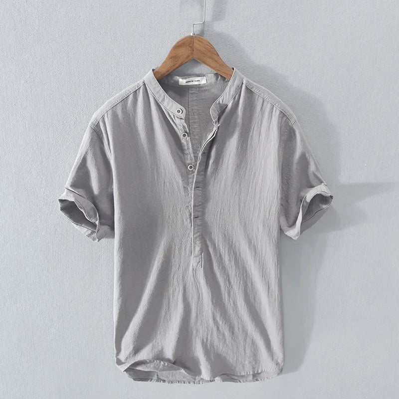Breathable Cotton Linen Shirt High End Loose Fit, Short Sleeves Half-Open Collar