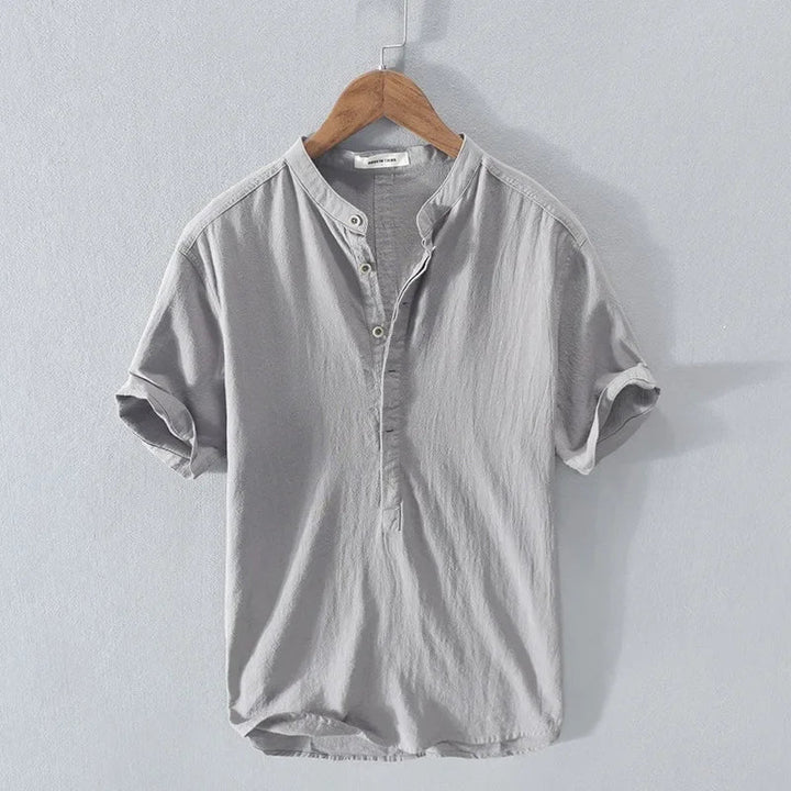 Breathable Cotton Linen Shirt High End Loose Fit, Short Sleeves Half-Open Collar