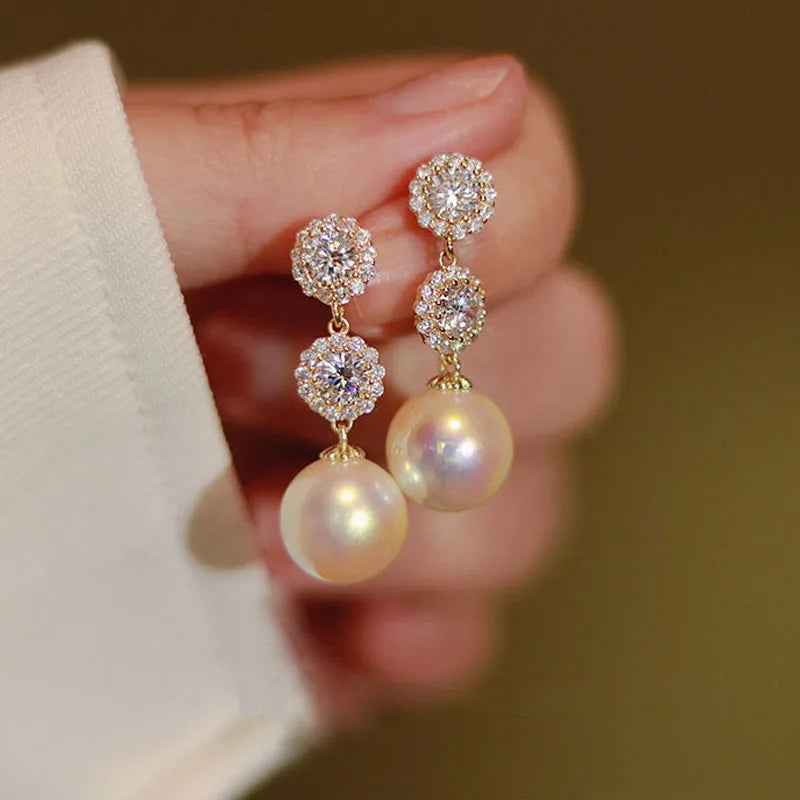 Crystal Flower Earrings Pearl Drop Gold Tone – Korean Style Party Jewelry, Fall 2026 Gift Idea