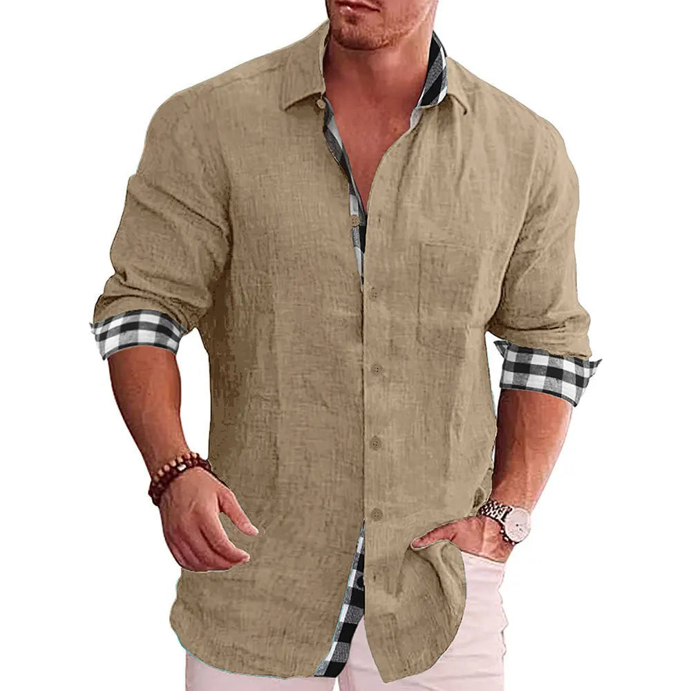 Cotton Linen Plaid Blouse Shirt - Long Sleeve Office Workwear Tops
