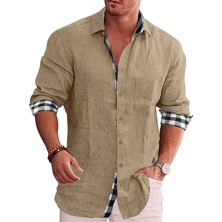 Cotton Linen Plaid Blouse Shirt - Long Sleeve Office Workwear Tops